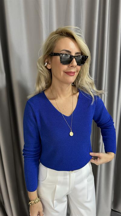 Simli V Yaka Uzun Kol Saks Mavisi Triko