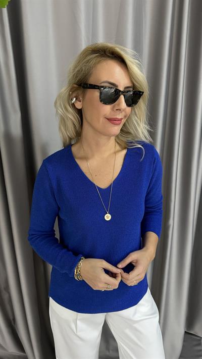 Simli V Yaka Uzun Kol Saks Mavisi Triko