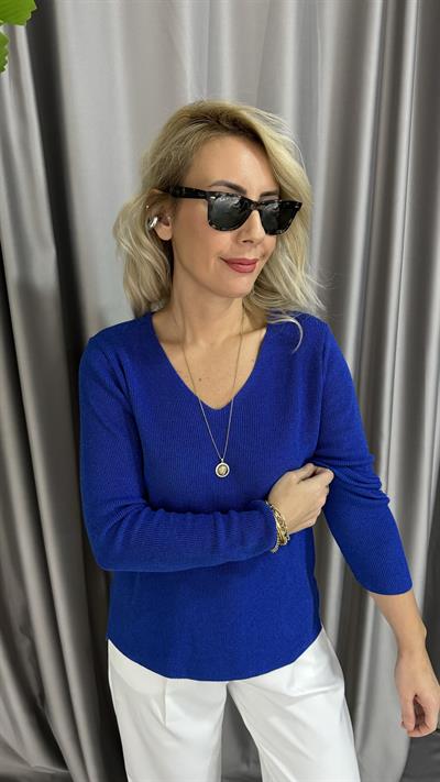 Simli V Yaka Uzun Kol Saks Mavisi Triko