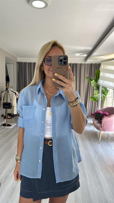 Sırt Düğme Detaylı Pamuklu Mavi Gömlek