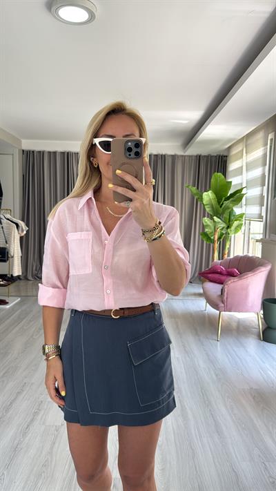 Sırt Düğme Detaylı Pamuklu Pembe Gömlek