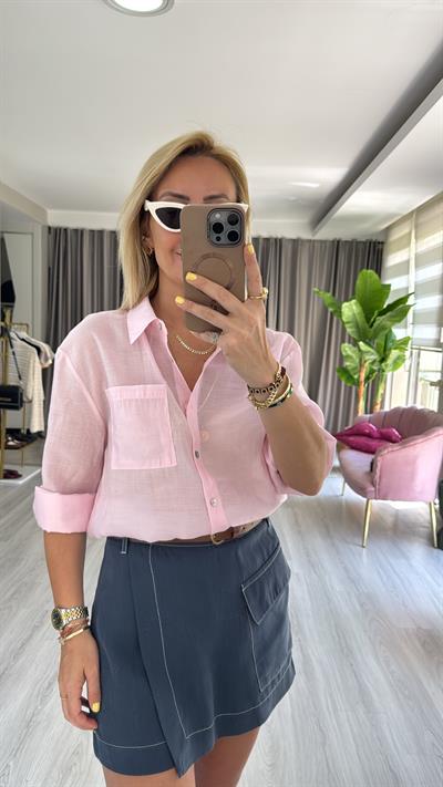 Sırt Düğme Detaylı Pamuklu Pembe Gömlek