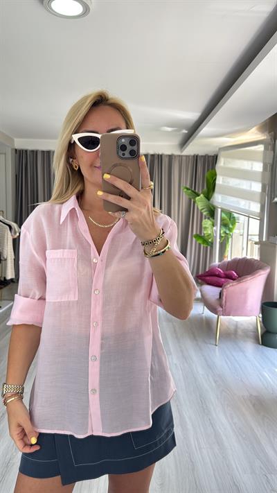 Sırt Düğme Detaylı Pamuklu Pembe Gömlek