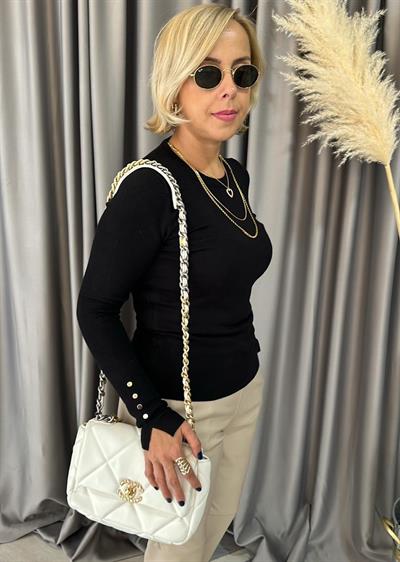 Siyah Bisiklet Yaka Kolu Droplu Triko