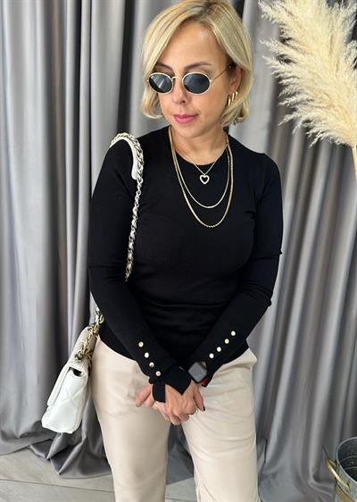 Siyah Bisiklet Yaka Kolu Droplu Triko