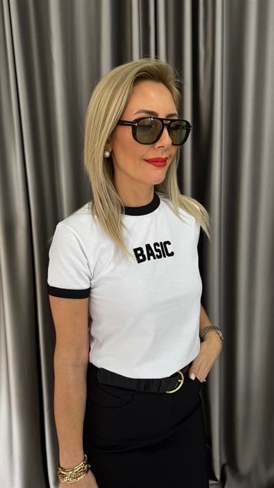Siyah Biyeli Beyaz Basic Tişört