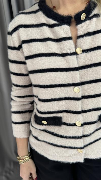 Siyah Çizgili Gold Düğmeli Bej Premium Triko Hırka