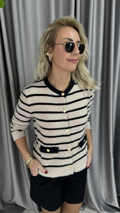 Siyah Çizgili Gold Düğmeli Bej Premium Triko Hırka