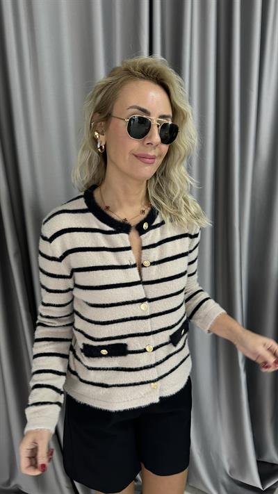 Siyah Çizgili Gold Düğmeli Bej Premium Triko Hırka