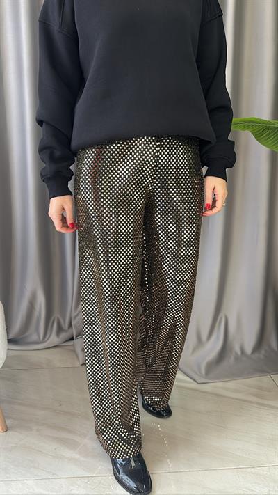 SİYAH, GOLD DETAYLI LİKRALI PALAZZO PANTOLON