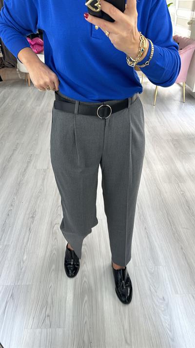 Siyah Kemerli Beli Lastikli Gri Pantolon