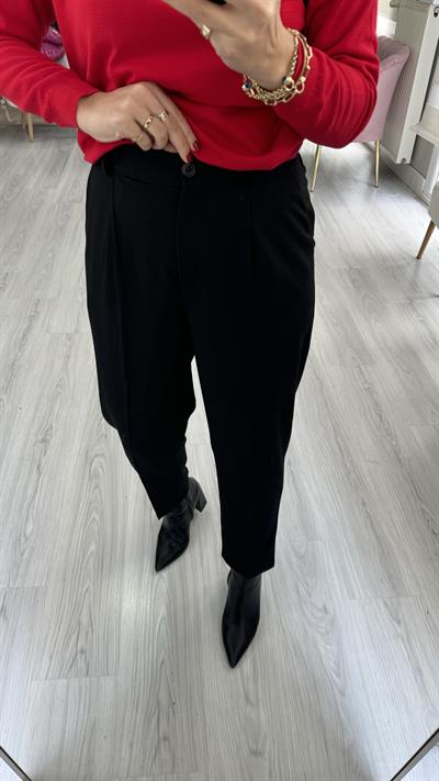 Siyah Kemerli Beli Lastikli Siyah Pantolon