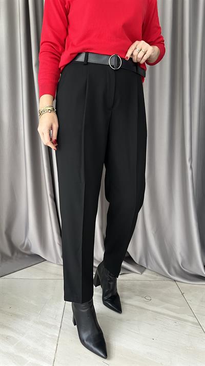 Siyah Kemerli Beli Lastikli Siyah Pantolon