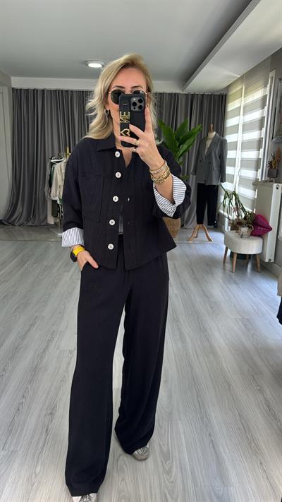 SİYAH PALAZZO PANTOLON CEKET TENCEL KETEN TAKIM
