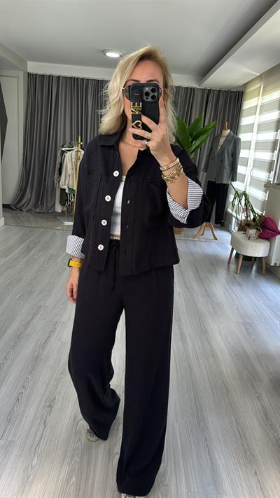 SİYAH PALAZZO PANTOLON CEKET TENCEL KETEN TAKIM