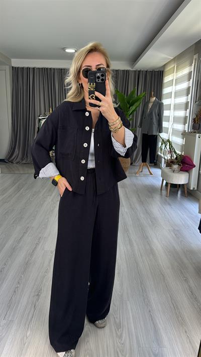 SİYAH PALAZZO PANTOLON CEKET TENCEL KETEN TAKIM