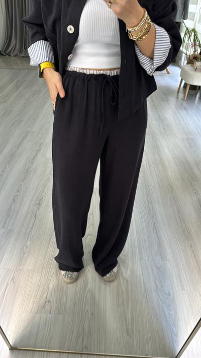 SİYAH PALAZZO PANTOLON CEKET TENCEL KETEN TAKIM
