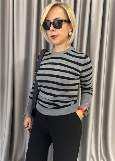 Siyah/Füme Bisiklet Yaka  Çizgili Kolu Droplu Triko