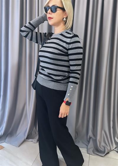Siyah/Füme Bisiklet Yaka  Çizgili Kolu Droplu Triko