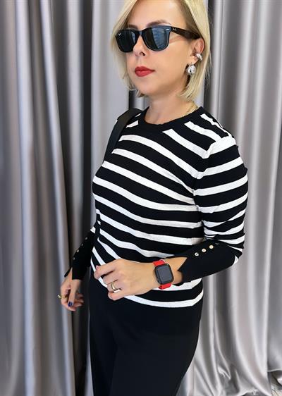Siyah/Krem Bisiklet Yaka Çizgili Kolu Droplu Triko
