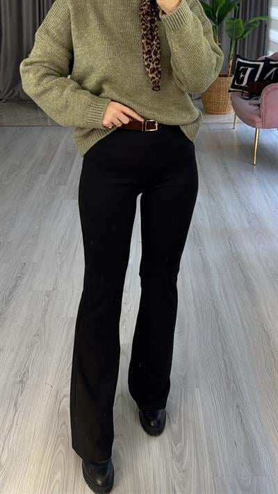 Süet Kemerli Beli Lastikli Çelik Örme Siyah Tayt Pantolon