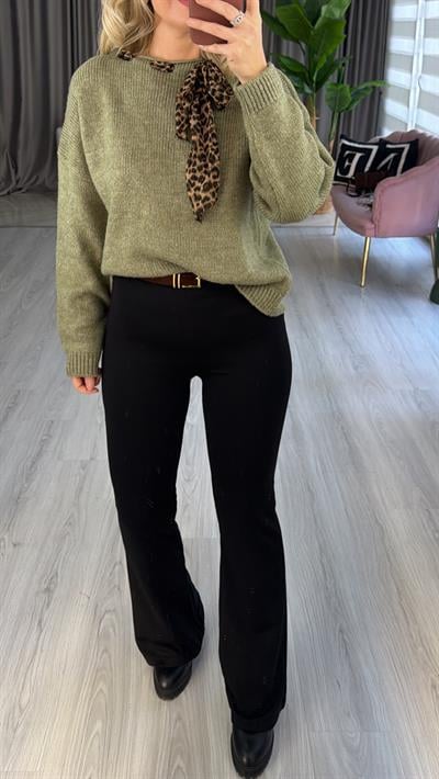 Süet Kemerli Beli Lastikli Çelik Örme Siyah Tayt Pantolon