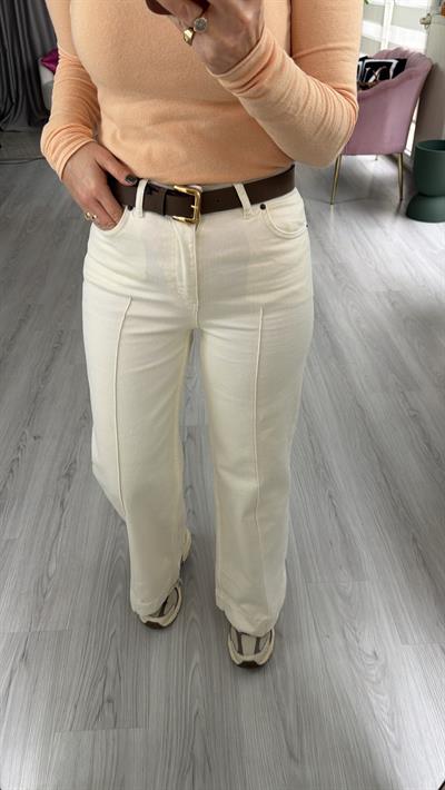 Kemerli Çımalı Ekru Jean Pantolon