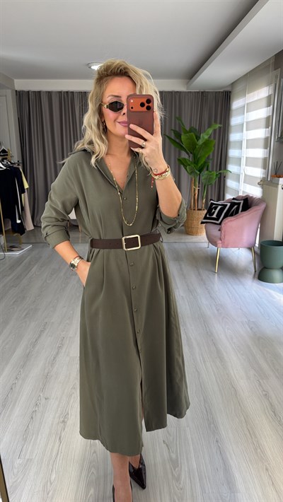 Süet Kemerli Tencel Kumaş Haki Gömlek Elbise