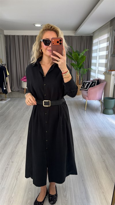 Süet Kemerli Tencel Kumaş Siyah Gömlek Elbise