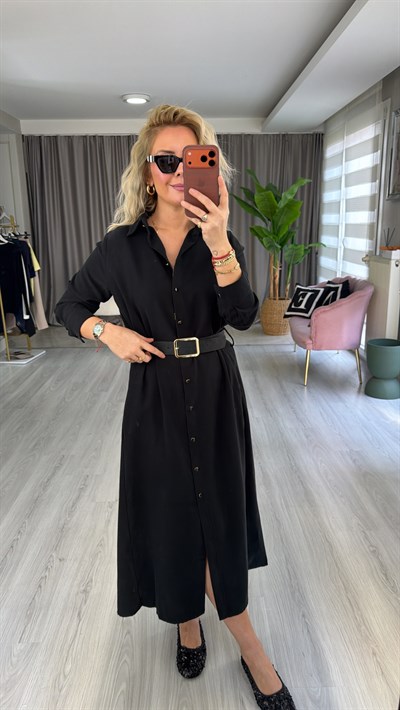 Süet Kemerli Tencel Kumaş Siyah Gömlek Elbise