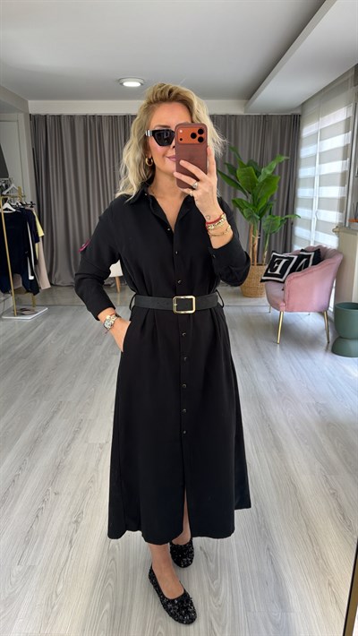 Süet Kemerli Tencel Kumaş Siyah Gömlek Elbise