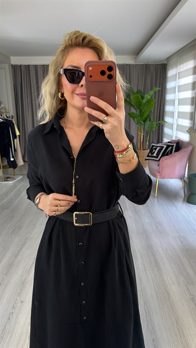 Süet Kemerli Tencel Kumaş Siyah Gömlek Elbise