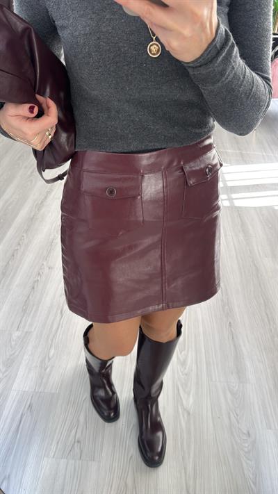 Süs Cep Detaylı Bordo Deri Etek