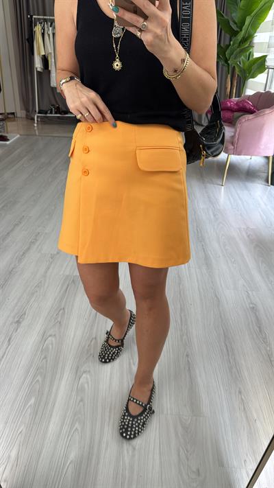 Süs Cepli Düğmeli Turuncu Şehir Boy Etek