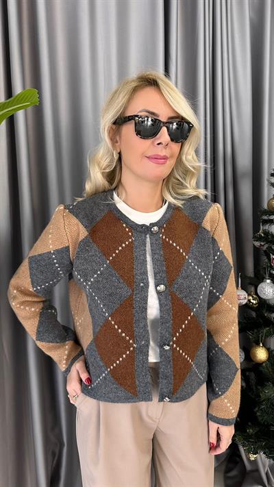 TABA GRİ BAKLAVA DESENLİ TRİKO HIRKA