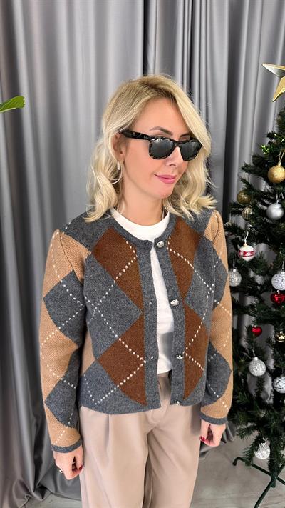 TABA GRİ BAKLAVA DESENLİ TRİKO HIRKA