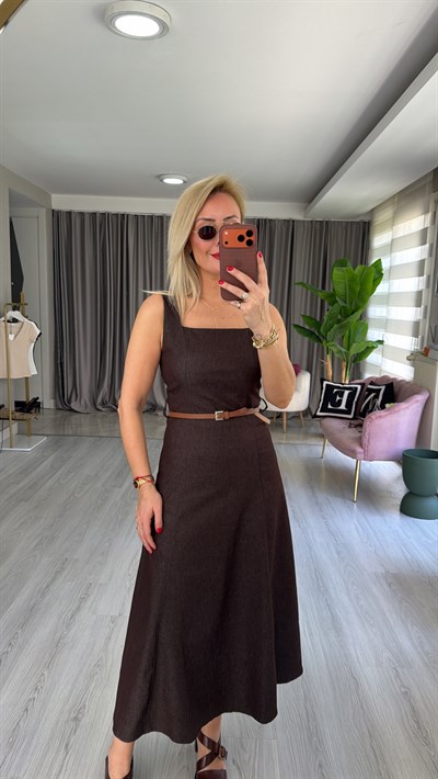 Taba Kemerli Askılı Kahverengi Denim Elbise