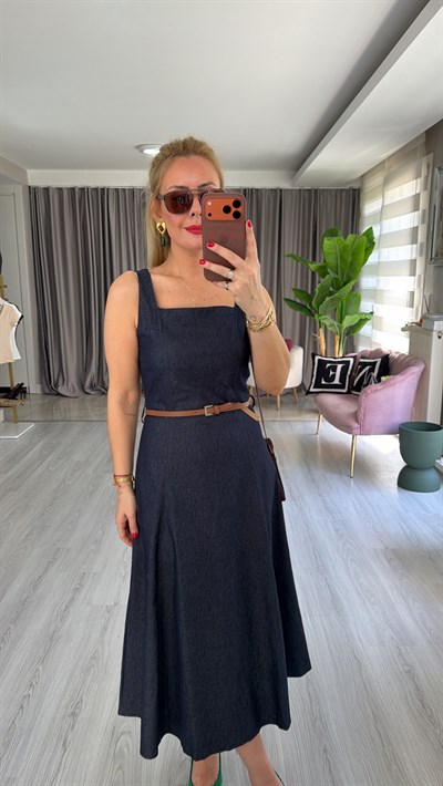 Taba Kemerli Askılı Lacivert Denim Elbise