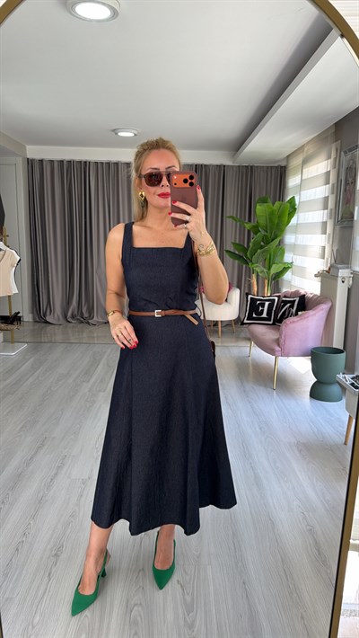Taba Kemerli Askılı Lacivert Denim Elbise