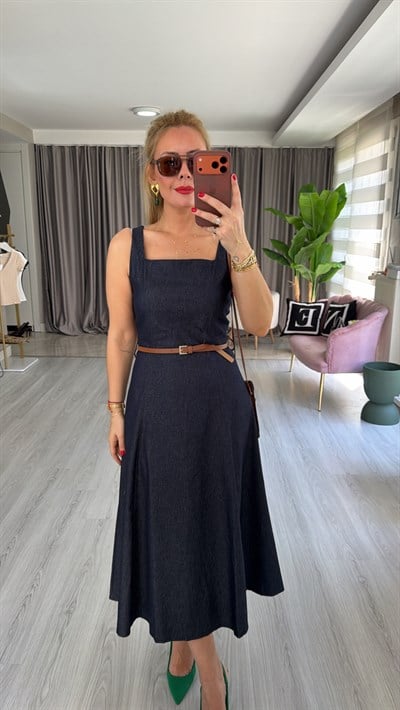 Taba Kemerli Askılı Lacivert Denim Elbise