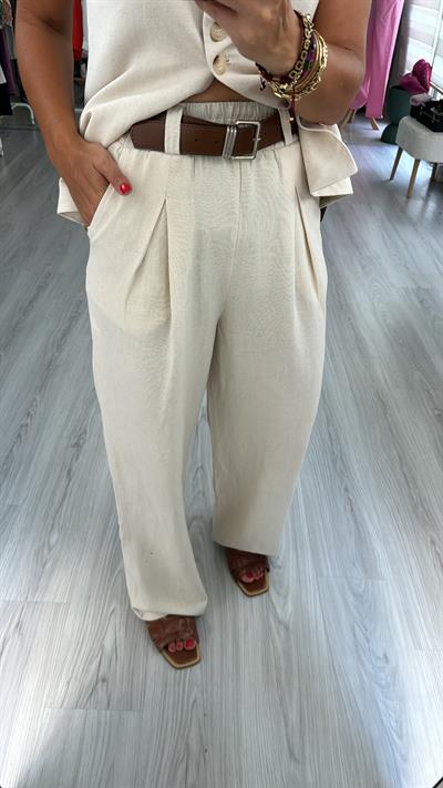 TABA KEMERLİ BELİ LASTİKLİ BEJ PALAZZO PANTOLON