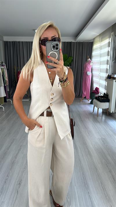 TABA KEMERLİ BELİ LASTİKLİ BEJ PALAZZO PANTOLON