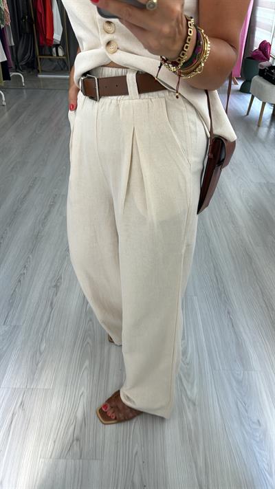 TABA KEMERLİ BELİ LASTİKLİ BEJ PALAZZO PANTOLON
