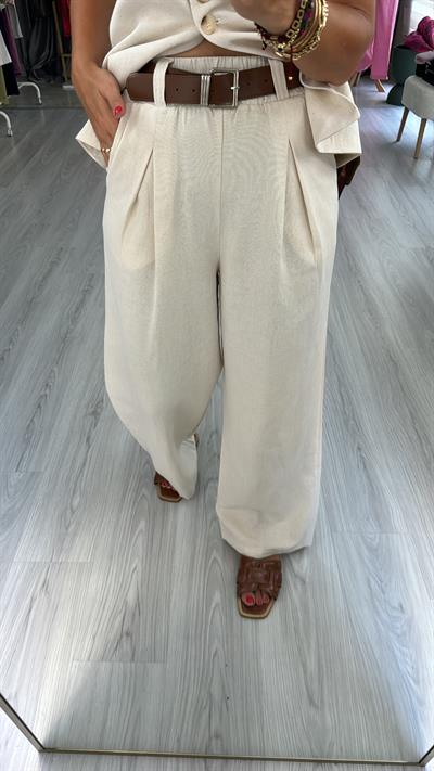 TABA KEMERLİ BELİ LASTİKLİ BEJ PALAZZO PANTOLON