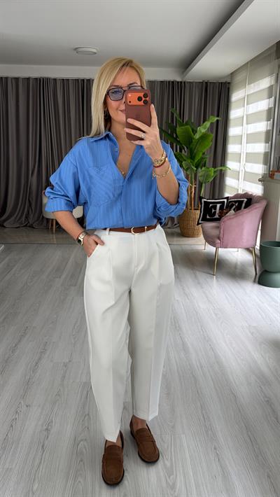 Taba Kemerli Likralı Beyaz Krep Pantolon