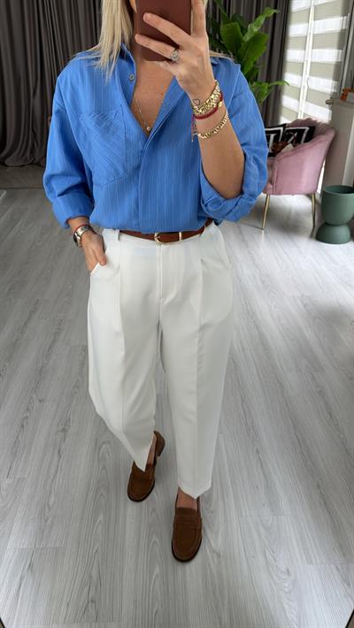 Taba Kemerli Likralı Beyaz Krep Pantolon