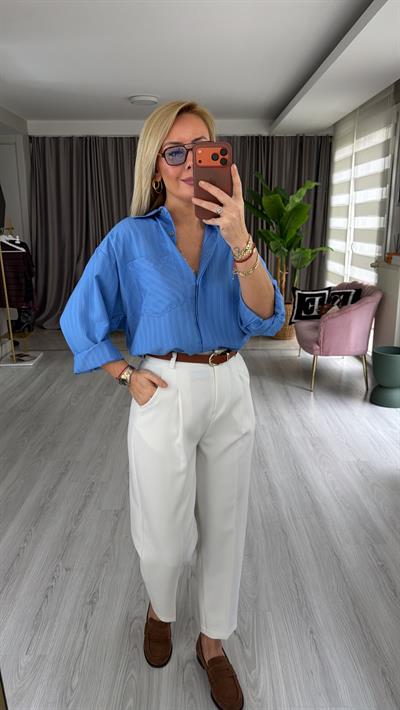 Taba Kemerli Likralı Beyaz Krep Pantolon