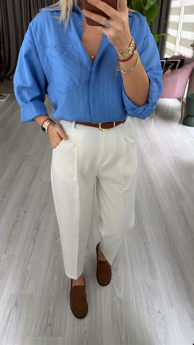 Taba Kemerli Likralı Beyaz Krep Pantolon