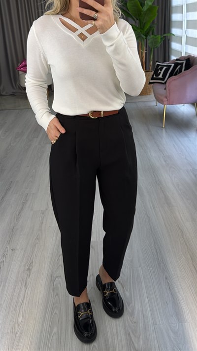 Taba Kemerli Likralı Siyah Krep Pantolon