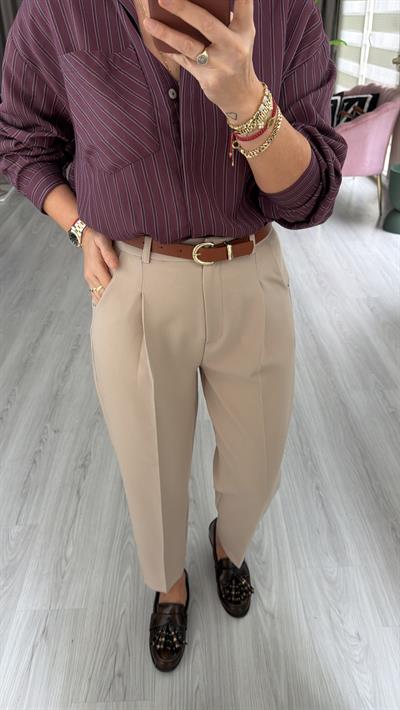 Taba Kemerli Likralı Taş Krep Pantolon